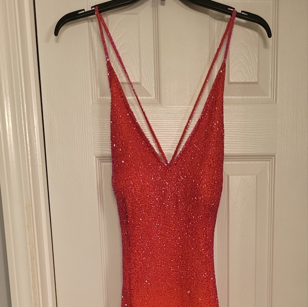 Shimmering Criss-crossed Straps Fuscia & Orange Evening Gown